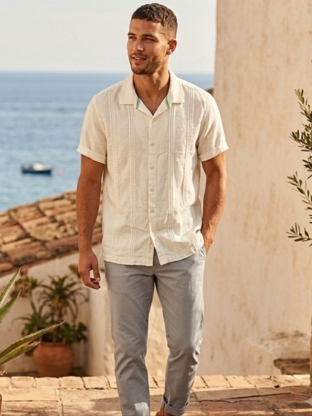 Scotch & Soda Men’s XXL Linen Pintuck Guayabera Button Up Shirt 2XL Ivory